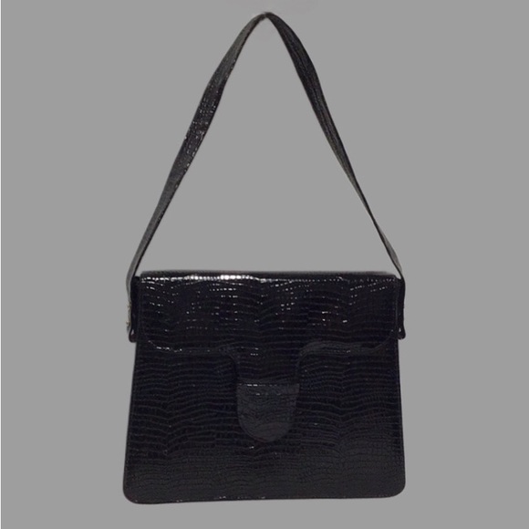 Vintage AIR STEP Black Patent Leather Croc Embossed Structured Shoulder Box Bag - Picture 3 of 13